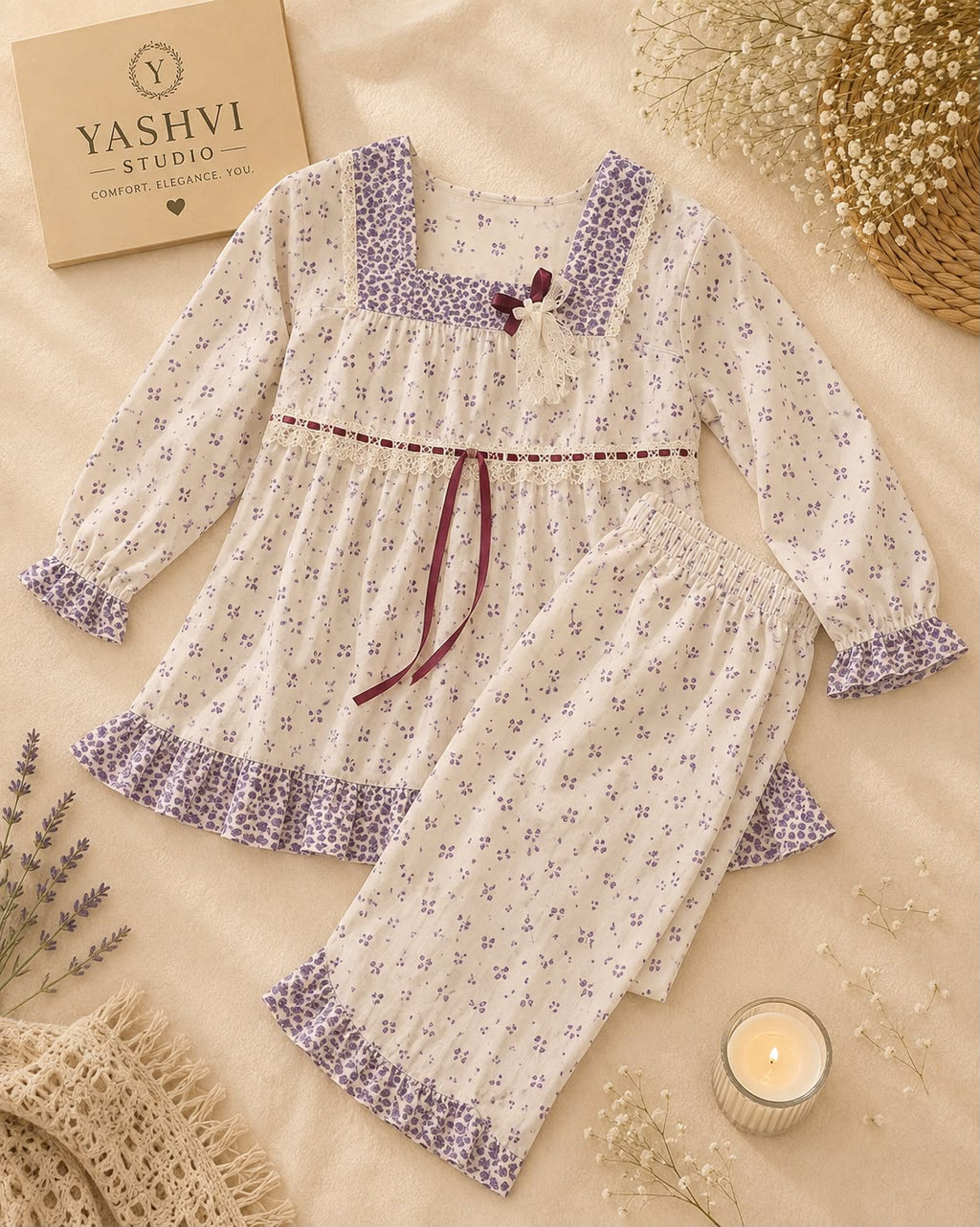 A two-piece baby pajama set featuring a long-sleeve top and matching pants in an off-white fabric with a small purple floral print, decorated with purple ruffle trim and a dark purple tie belt. The set is styled in a flat-lay arrangement on a beige fabric background with decorative props including a book, dried flowers, and a candle.