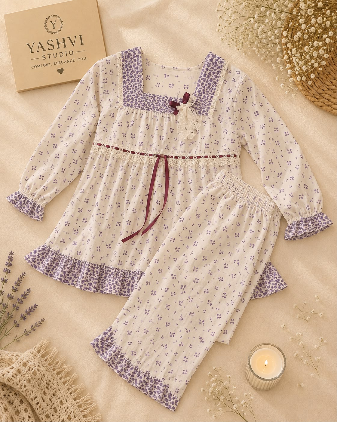 A two-piece baby pajama set featuring a long-sleeve top and matching pants in an off-white fabric with a small purple floral print, decorated with purple ruffle trim and a dark purple tie belt. The set is styled in a flat-lay arrangement on a beige fabric background with decorative props including a book, dried flowers, and a candle.
