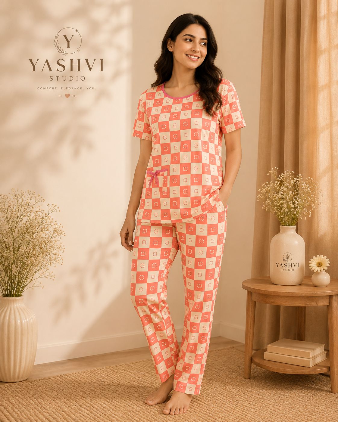Coral Checkered Comfort Lounge Set