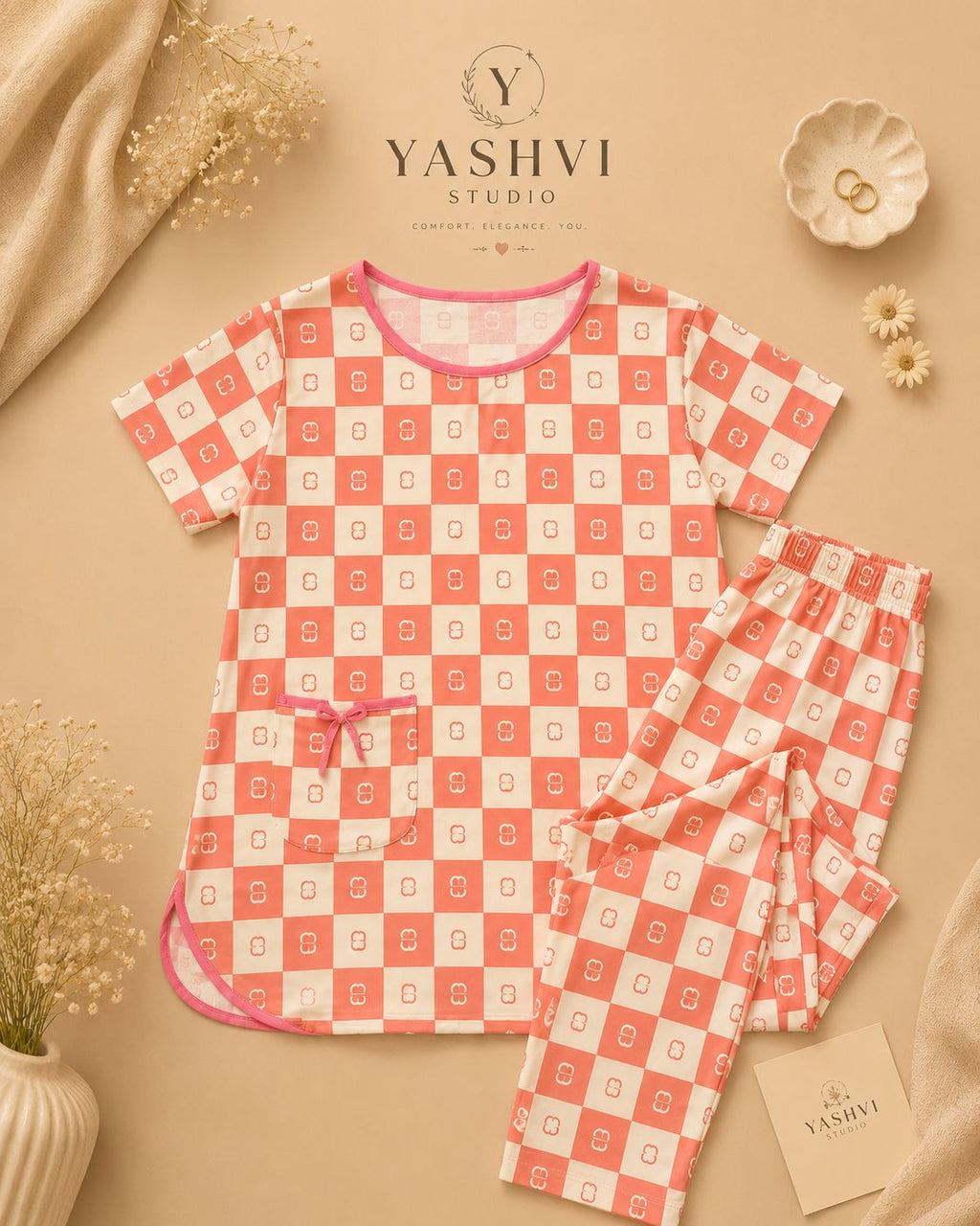 Coral Checkered Comfort Lounge Set