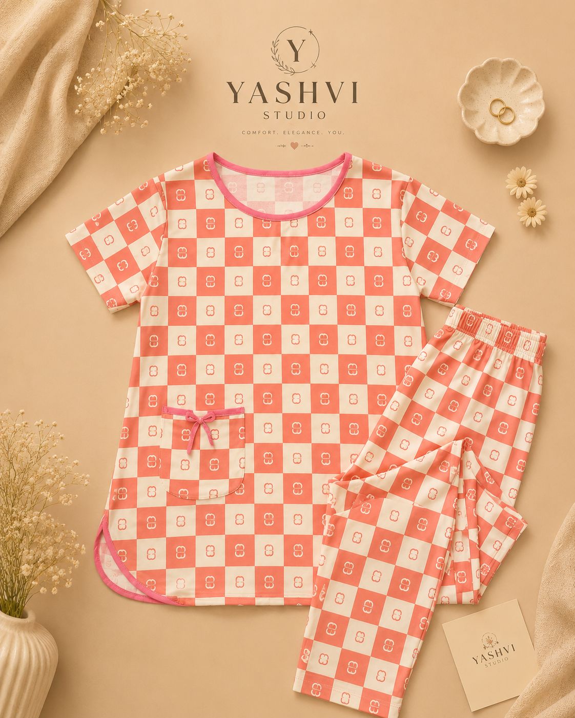 Coral Checkered Comfort Lounge Set