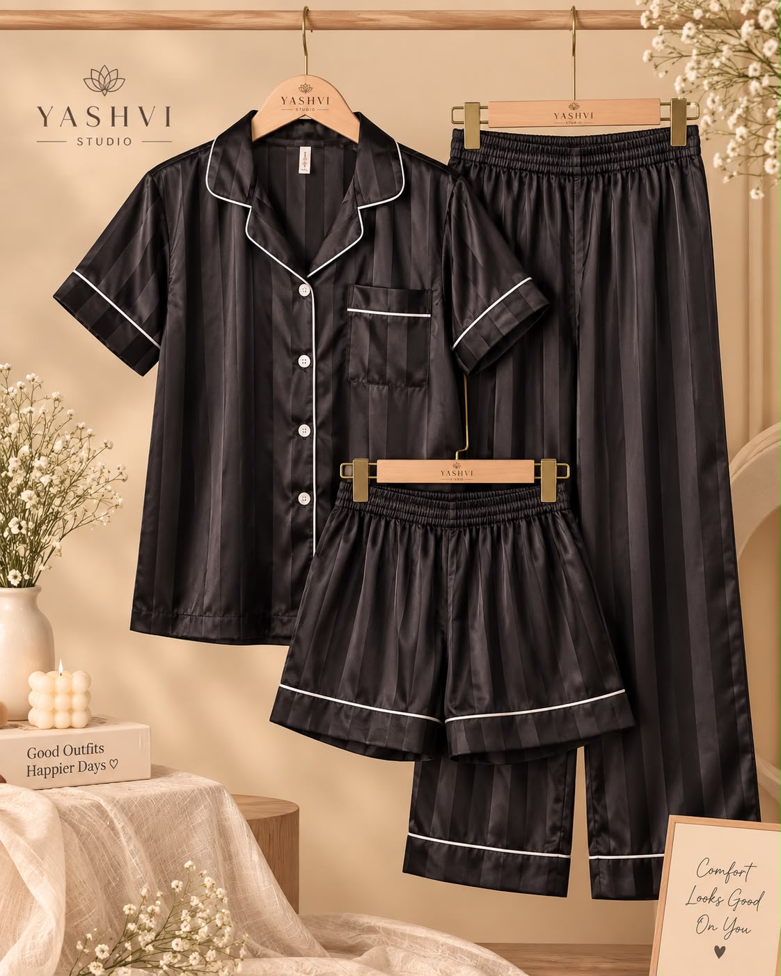 BLACK LUXE 3PIECE NIGHT SUIT
